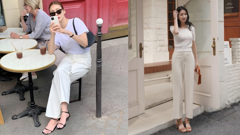 Phối giày sandal quai mảnh với áo thun basic