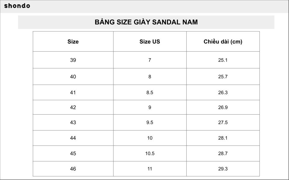 Bảng size sandal nam của shondo