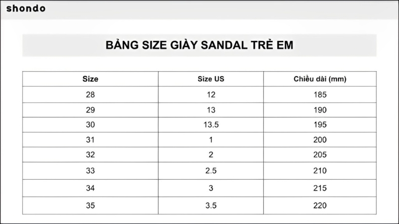 Bảng size giày trẻ em shondo