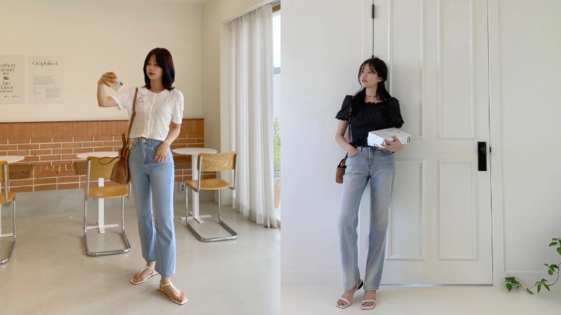 Sandal đế bệt + quần jeans ống suông