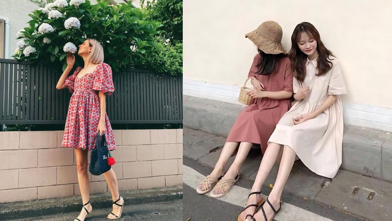 Sandal đế bệt + váy babydoll