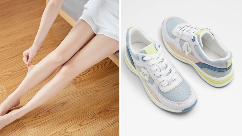 Quần tất da chân và sneaker pastel mang đến vẻ ngoài sang trọng và quyến rũ