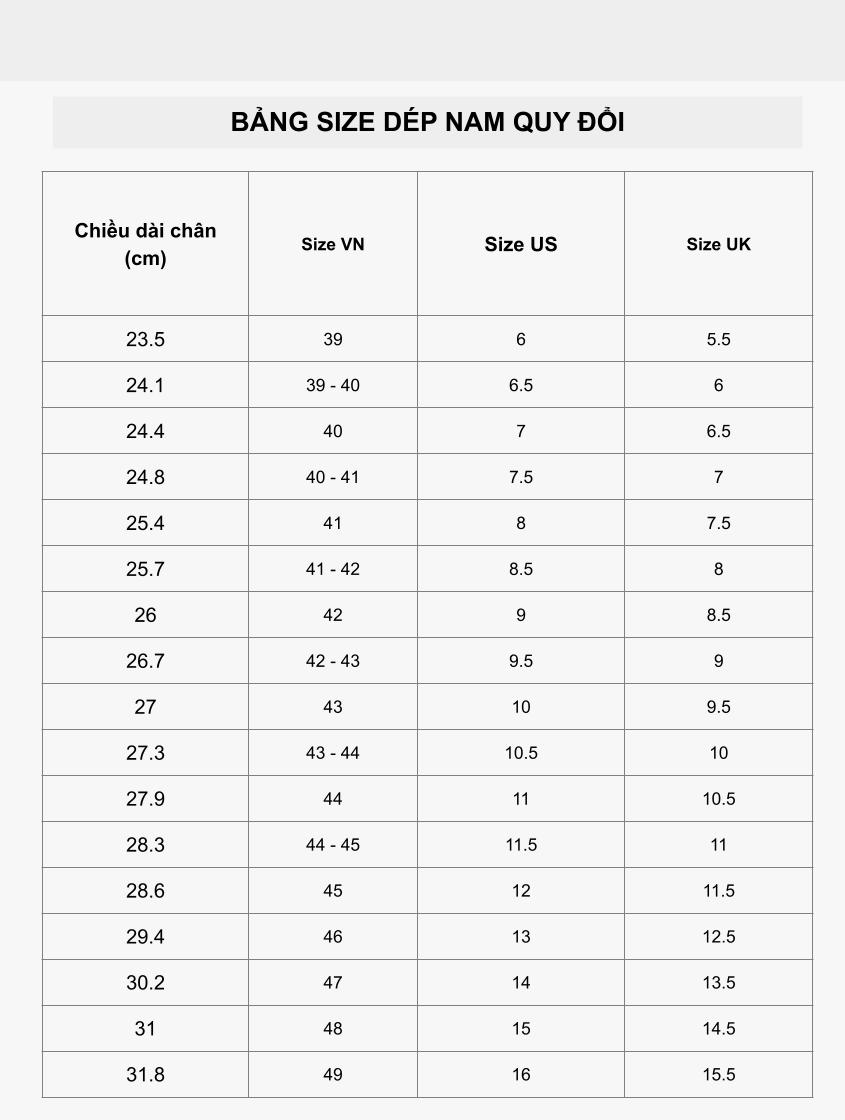 Bảng size dép nam nữ và cách đo size dép chuẩn nhất