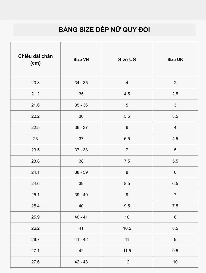 Bảng size dép nữ chuẩn