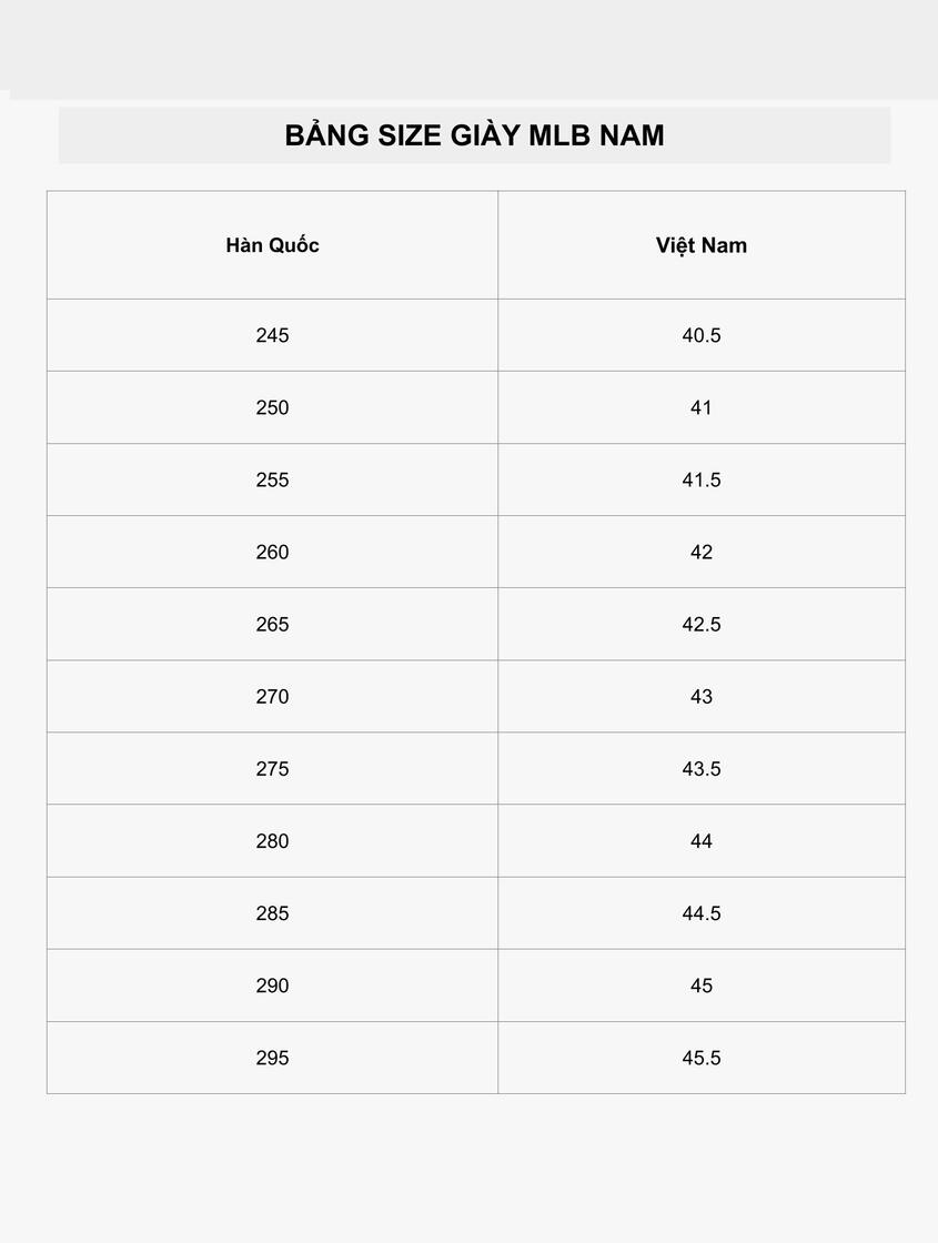 Size giày MLB nam