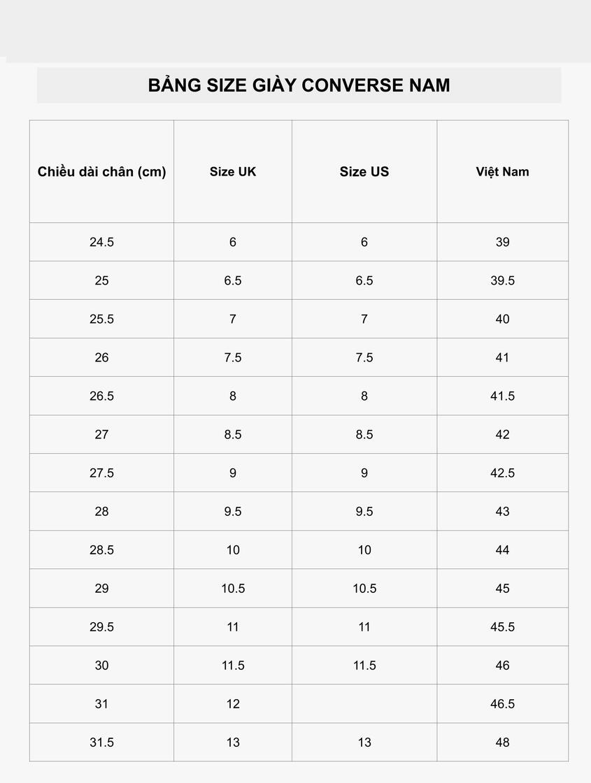 Size giày Converse nam