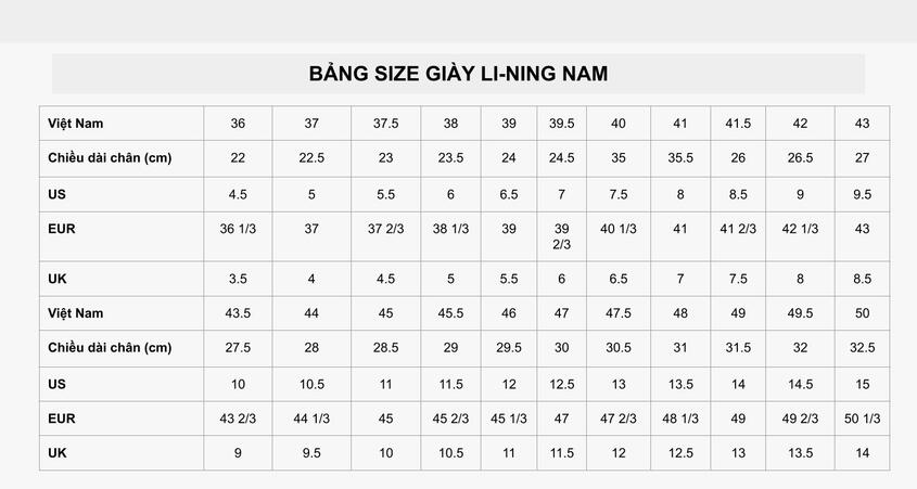 Size giày LI-NING nam