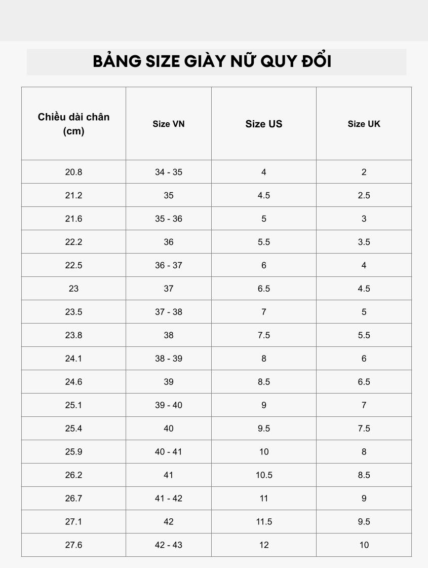 Bảng quy đổi size giày nữ Việt Nam sang US, UK