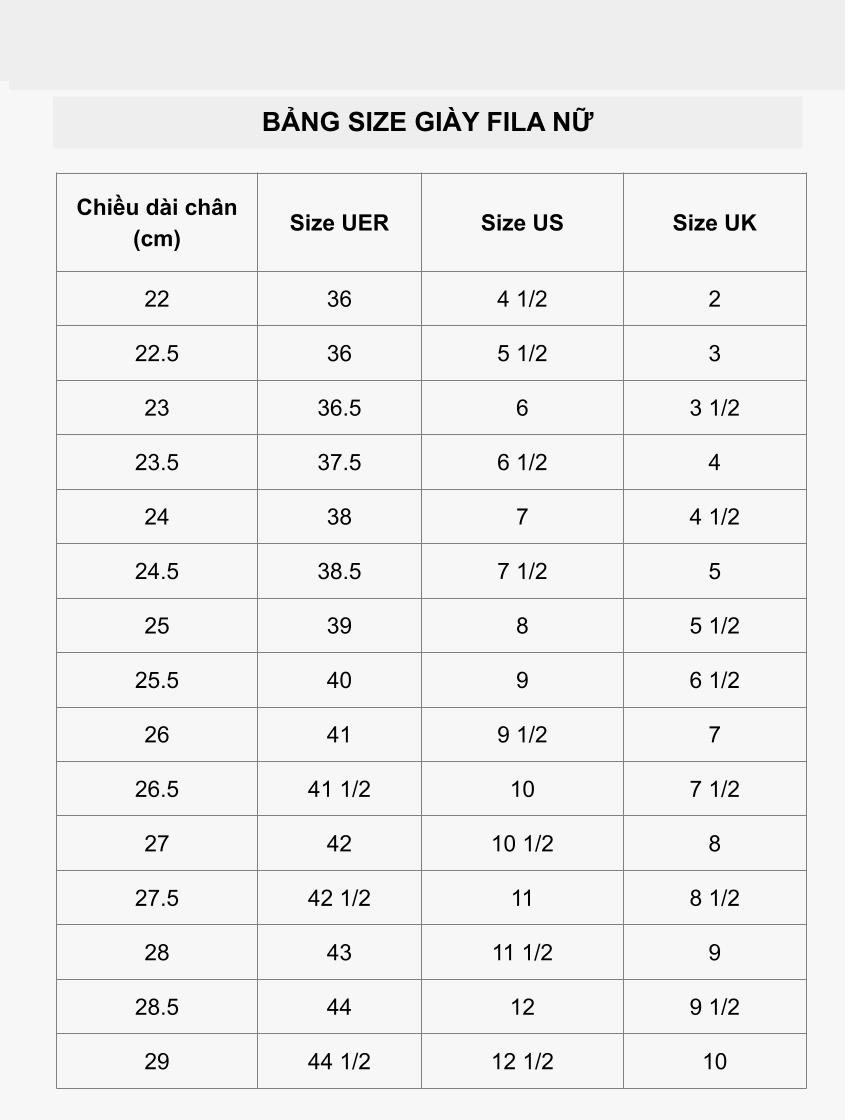 Bảng size giày Fila nữ