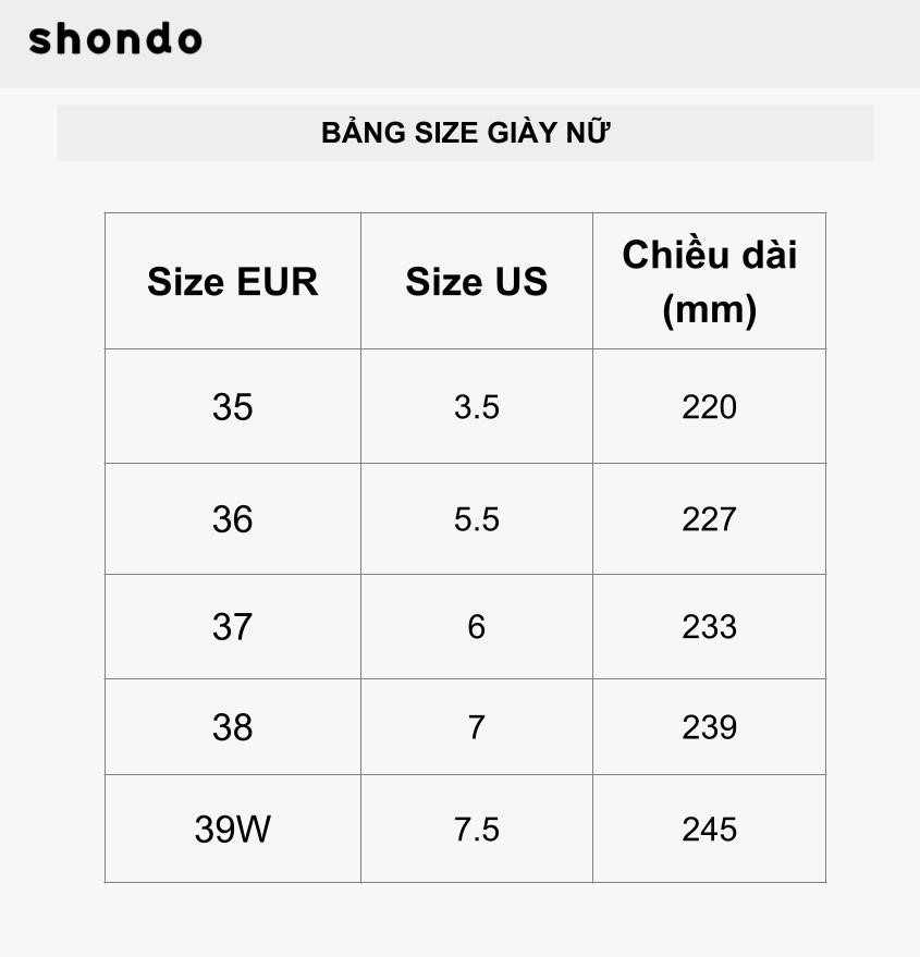 Bảng size giày nữ việt nam Shondo