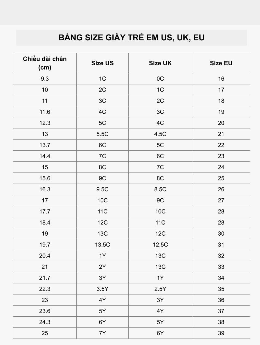 Bảng size giày trẻ em EU, US, UK