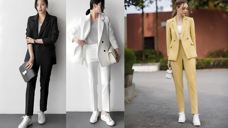 Giày trắng phối với Blazer + Áo thun