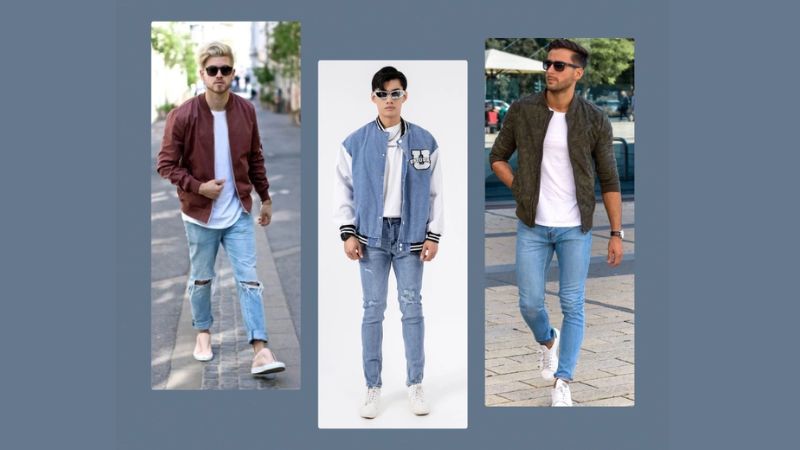 Áo khoác bomber + Áo thun + Quần jeans + Giày thể thao