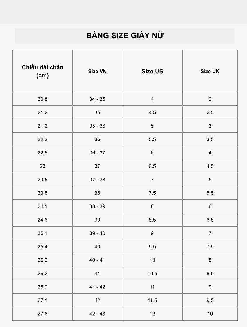 bảng size giày nữ