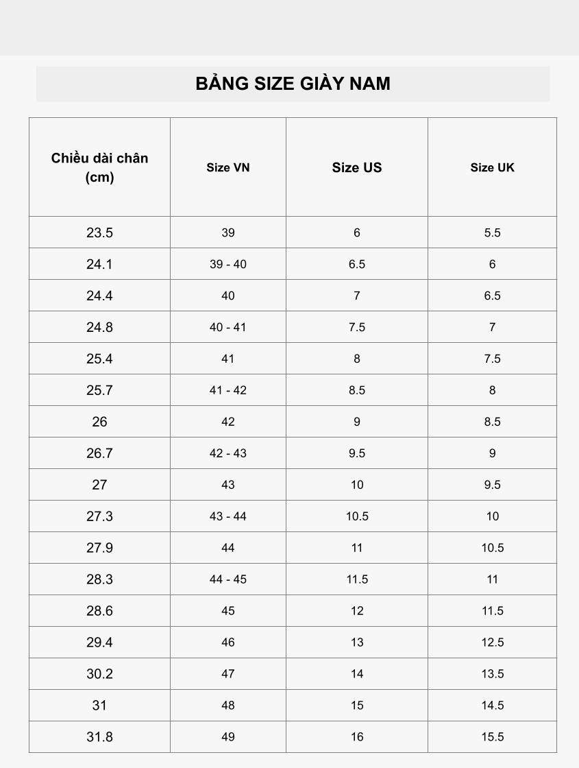 bảng size giày nam