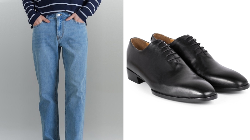 Quần Jean Tapered-fit với giày Oxford