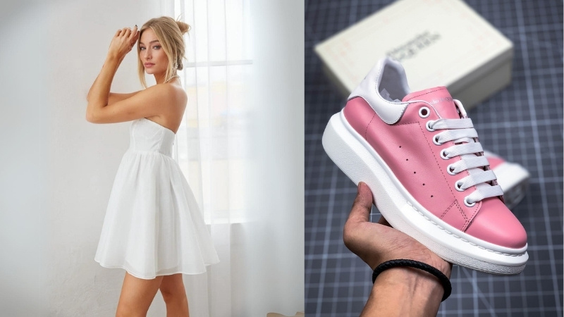 Phối  giày sneaker hồng cùng váy babydoll