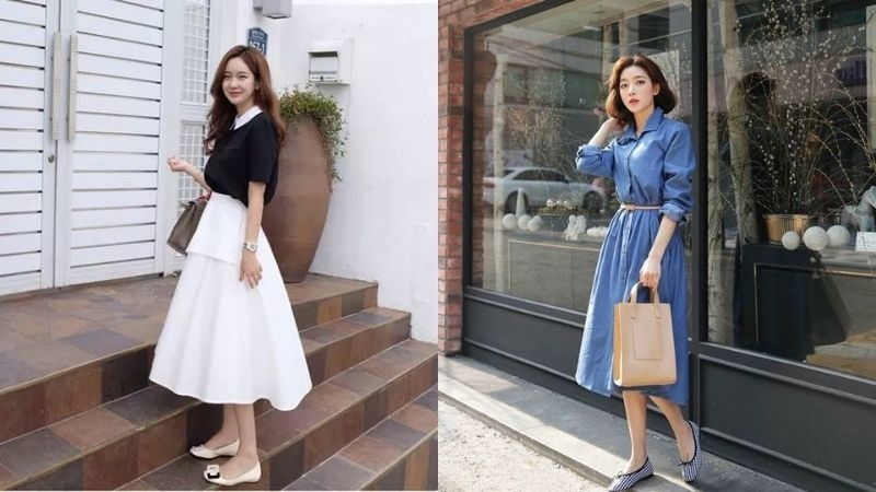 Wedge shoes combined with flared skirt bring feminine beauty and hack the figure