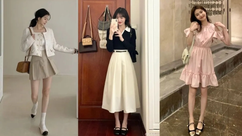 Flat shoes combined with flared skirts are simple and comfortable