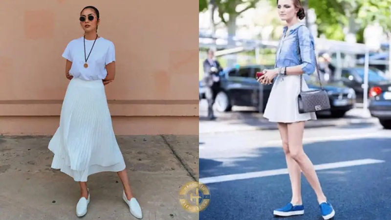 Slip-on shoes combined with flared skirts are convenient and stylish.