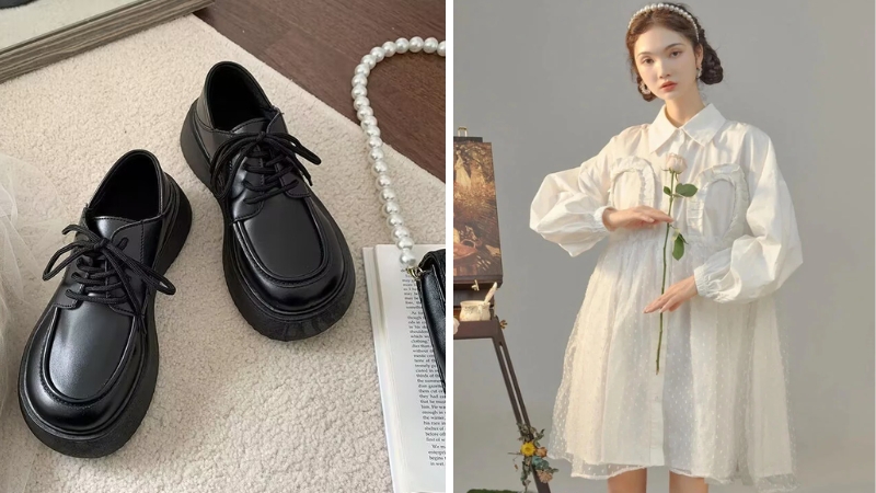 Ruffled dress and oxford shoes create an elegant style