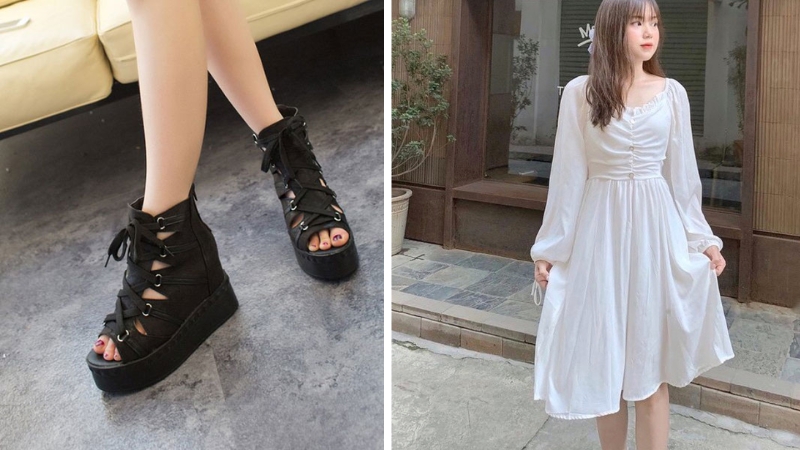 Gladiator shoes create a strong, individual look when combined with a ruffled skirt