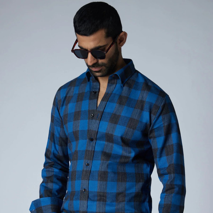 Blue plaid shirt with blue shoes for men
