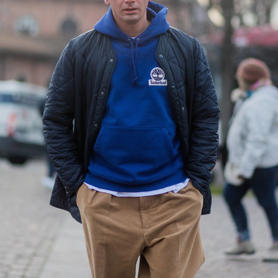 Hoodie with jacket and blue shoes