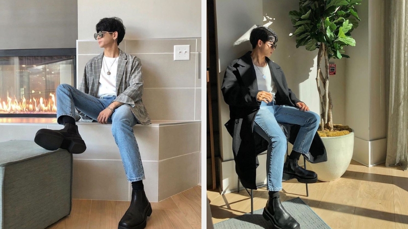 Men's black shoes + jeans outfit