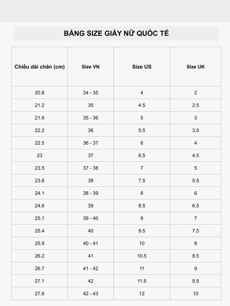 Women's shoe size chart