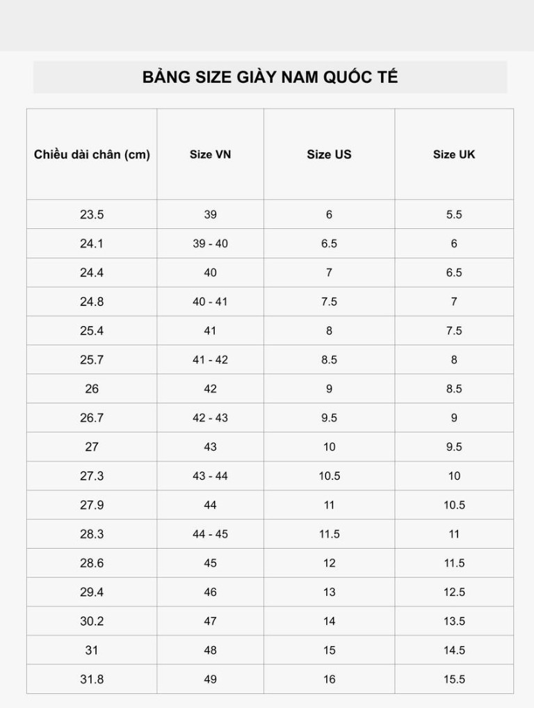Men's shoe size chart