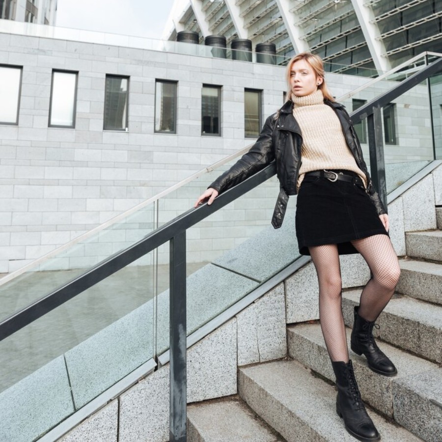Leather skirt with low cut boots