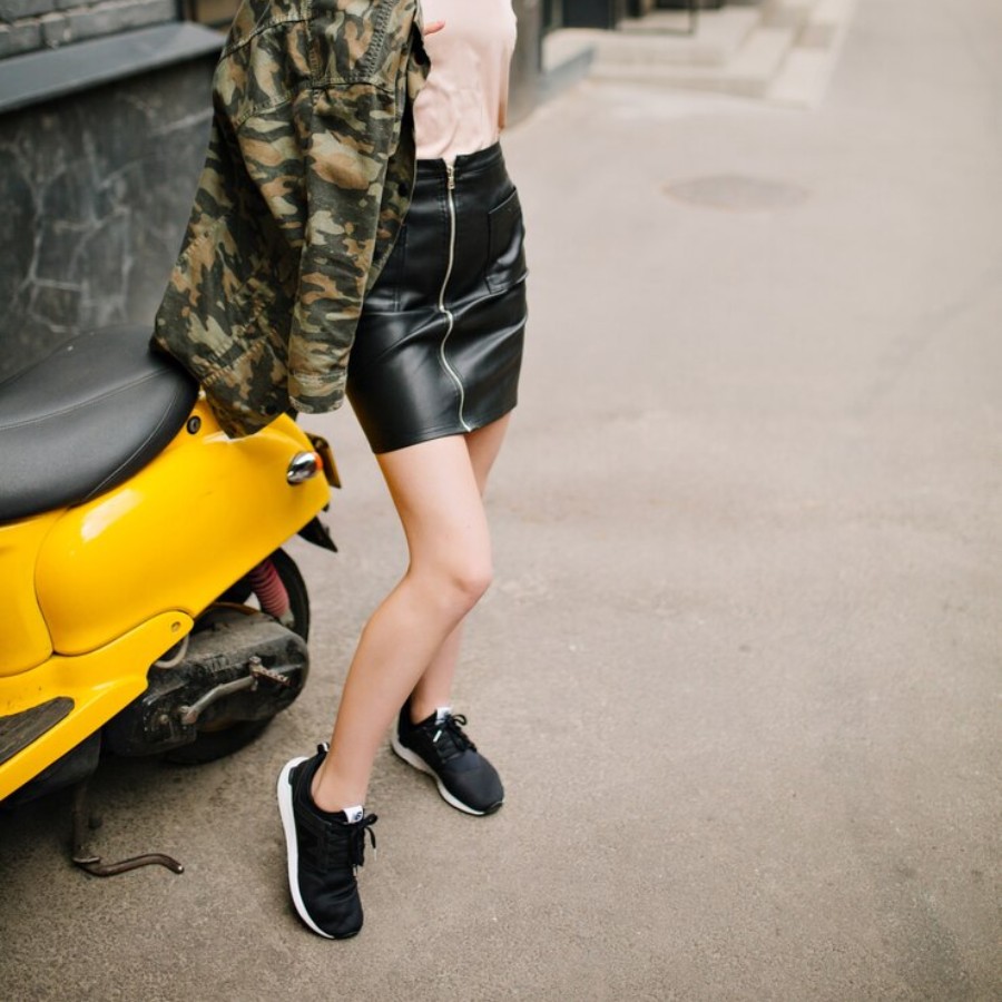 Leather skirt with sneakers