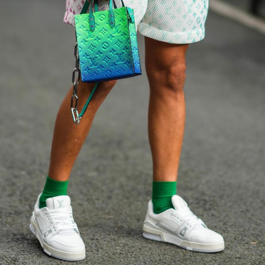 Wear white shoes with maroon, dark green socks