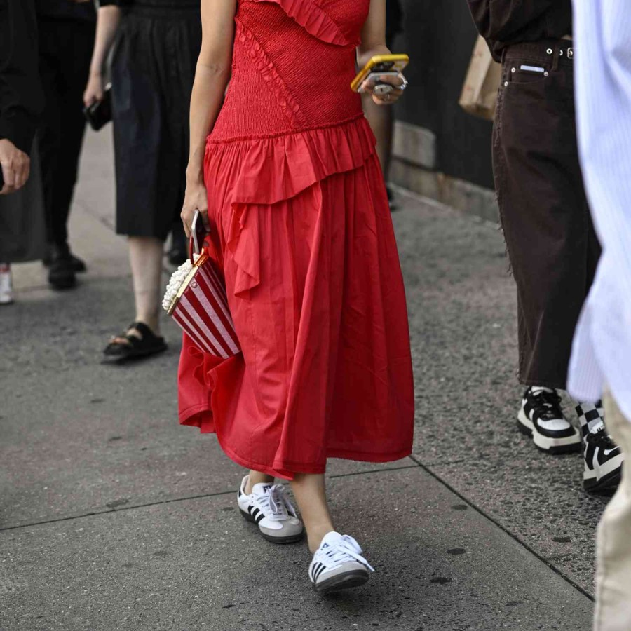 Red dress with sneakers