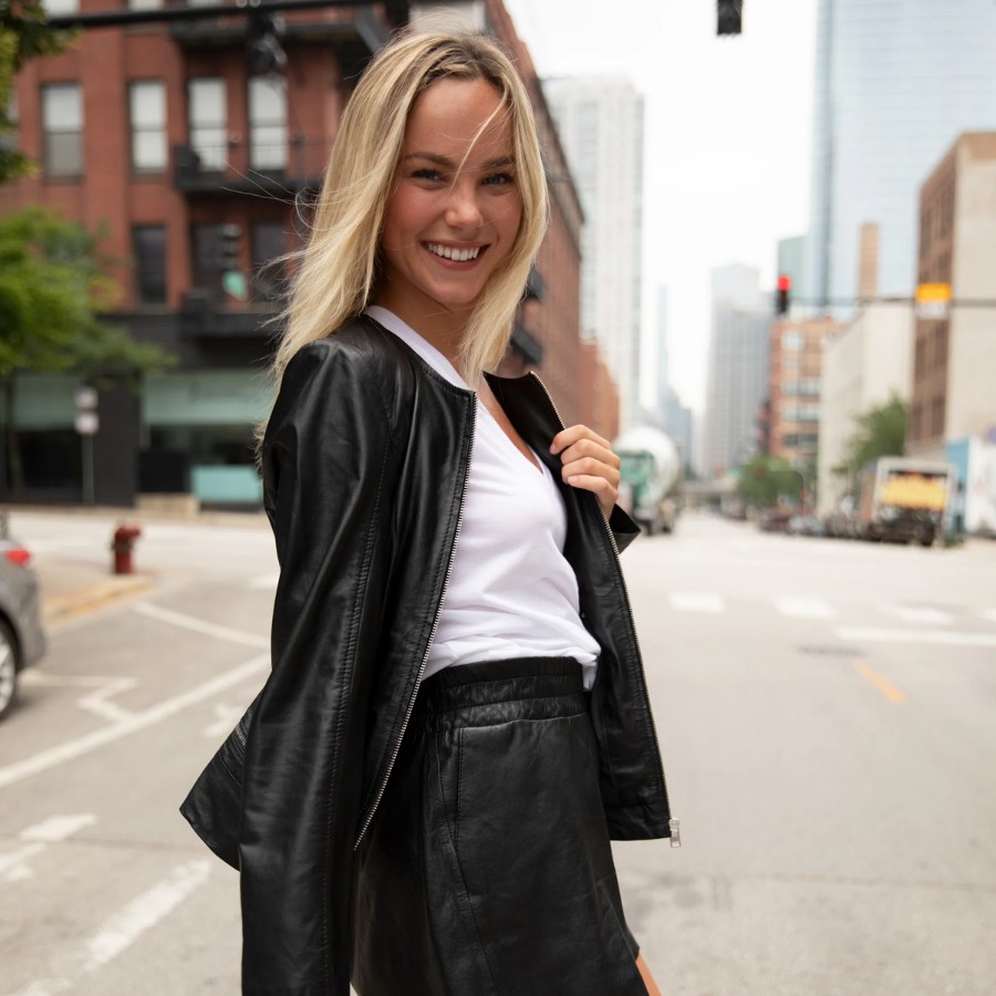 Leather jacket and shorts