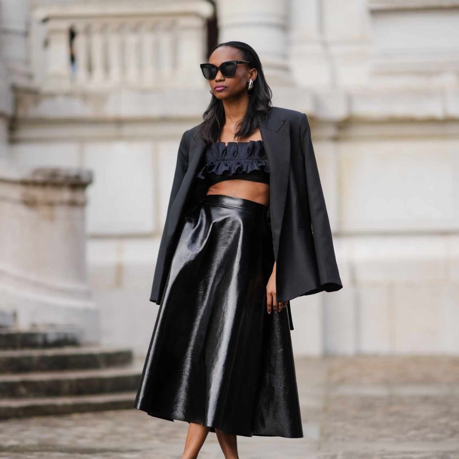 Mix long flared skirt with blazer