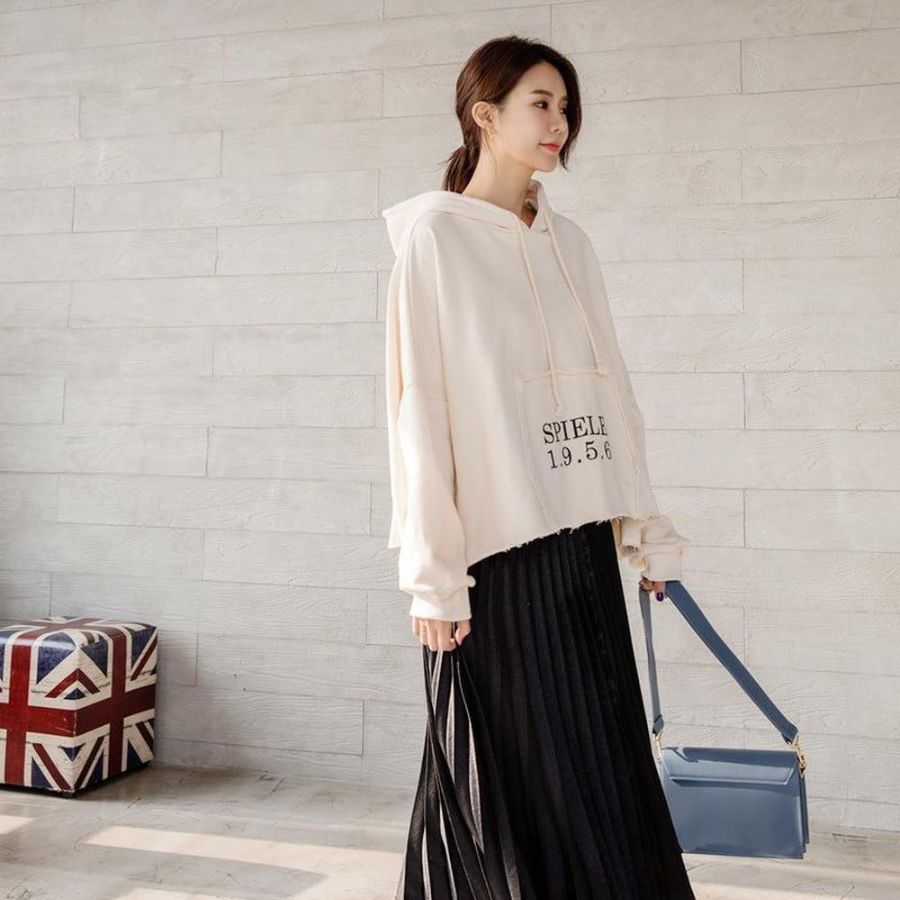 Mix long flared winter skirt with hoodie