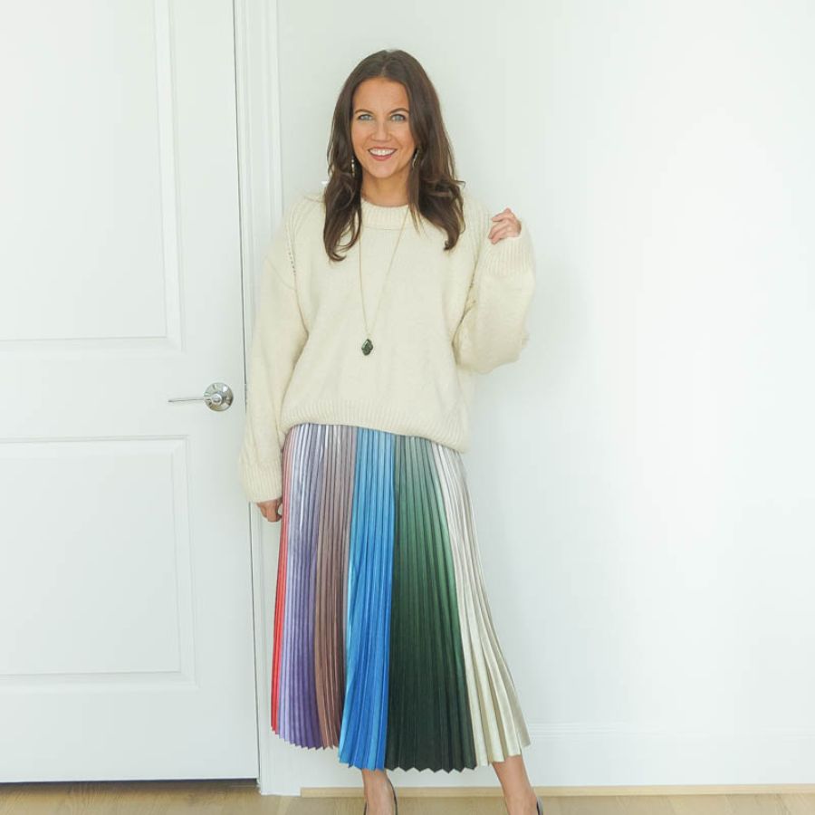 Mix long flared winter skirt with sweater