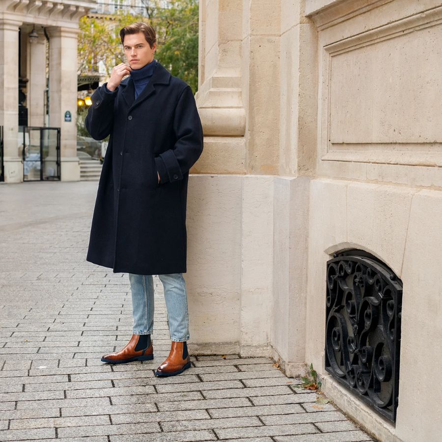 Matching men's boots with a coat